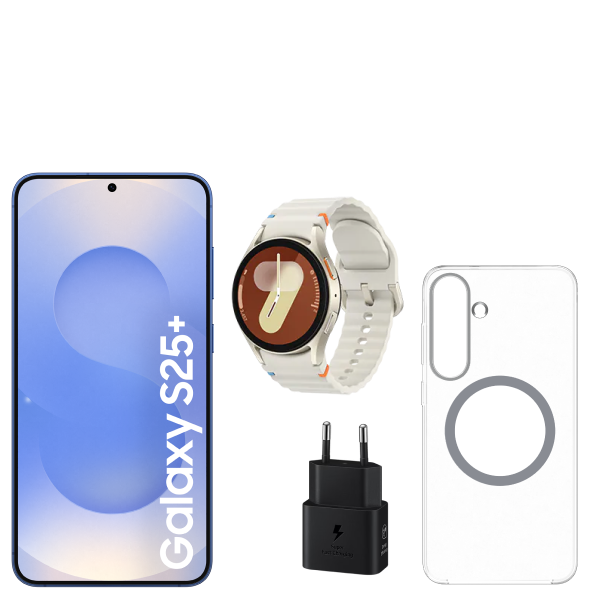 Pack Galaxy S25+ 512GB Blau Marí + Watch7 BT 40mm Beix + Funda + Adaptador d'alimentació de 45W